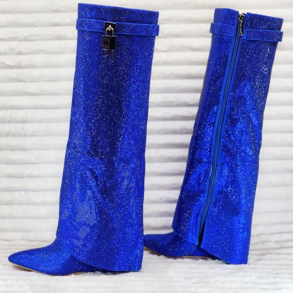 Super Sparkle Sharky Blue Rhinestone Skirted Fold Over Wedge Heel Knee Boots - Picture 1 of 14
